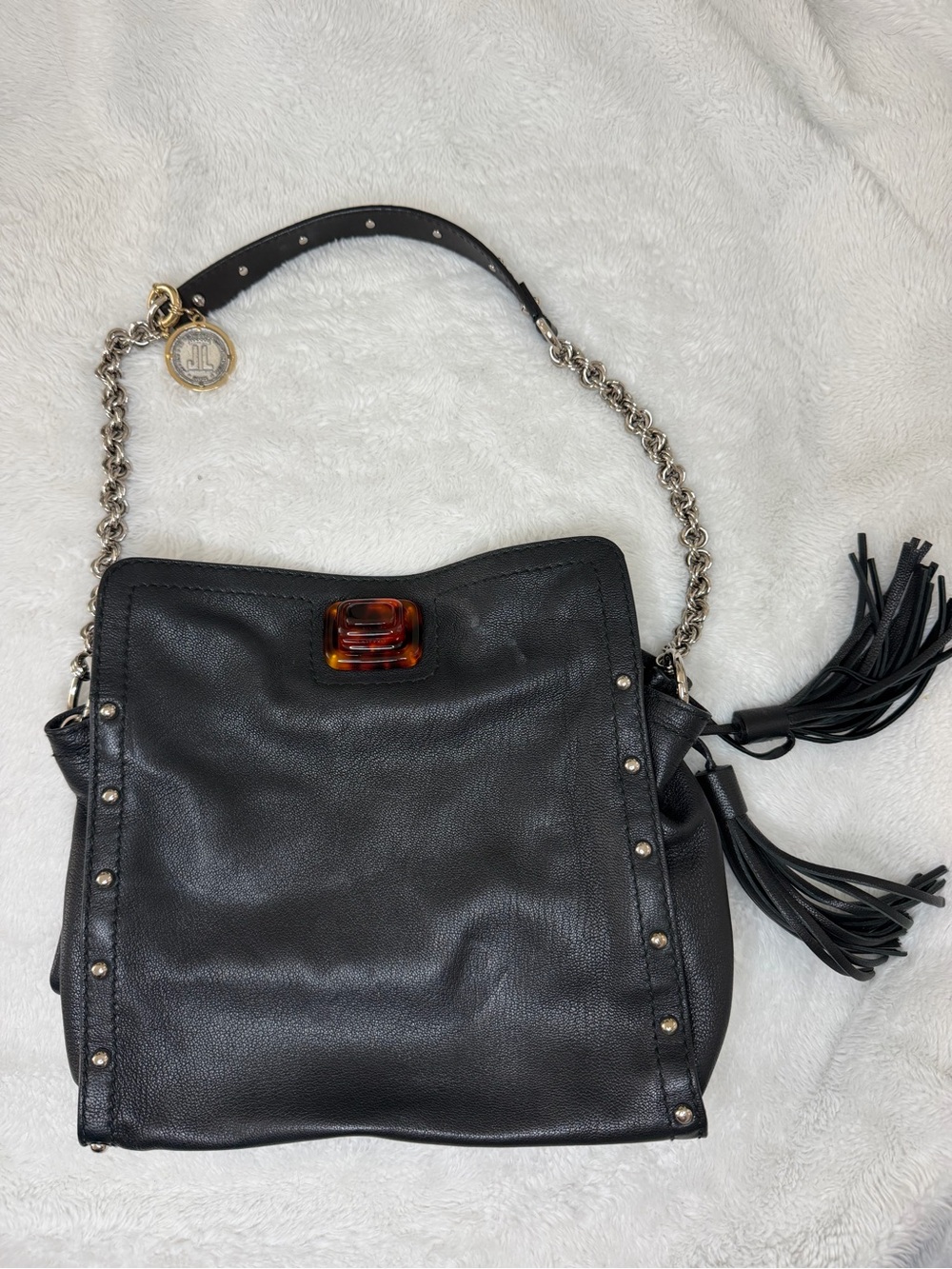 Lanvin Black Leather Shoulder Bag with Tortoiseshell Accent
